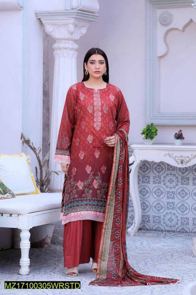 3 Pcs Women's Unstitched Lawn Printed Suit