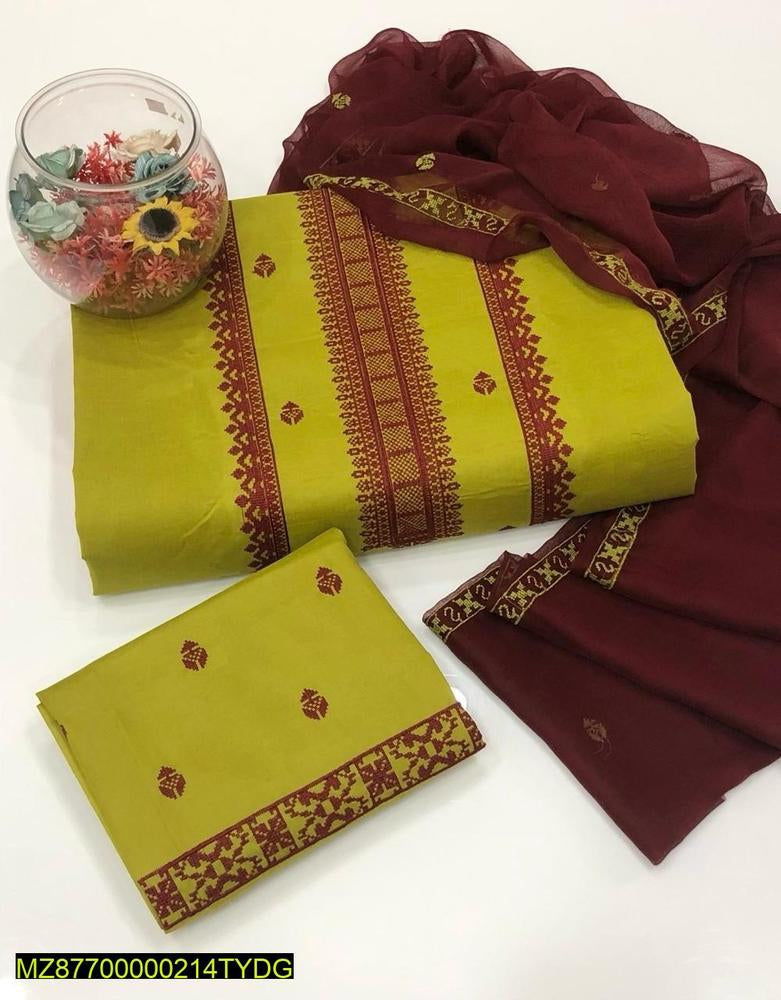 3 Pcs Women's Unstitched Lawn Cotton Embroidered Suit