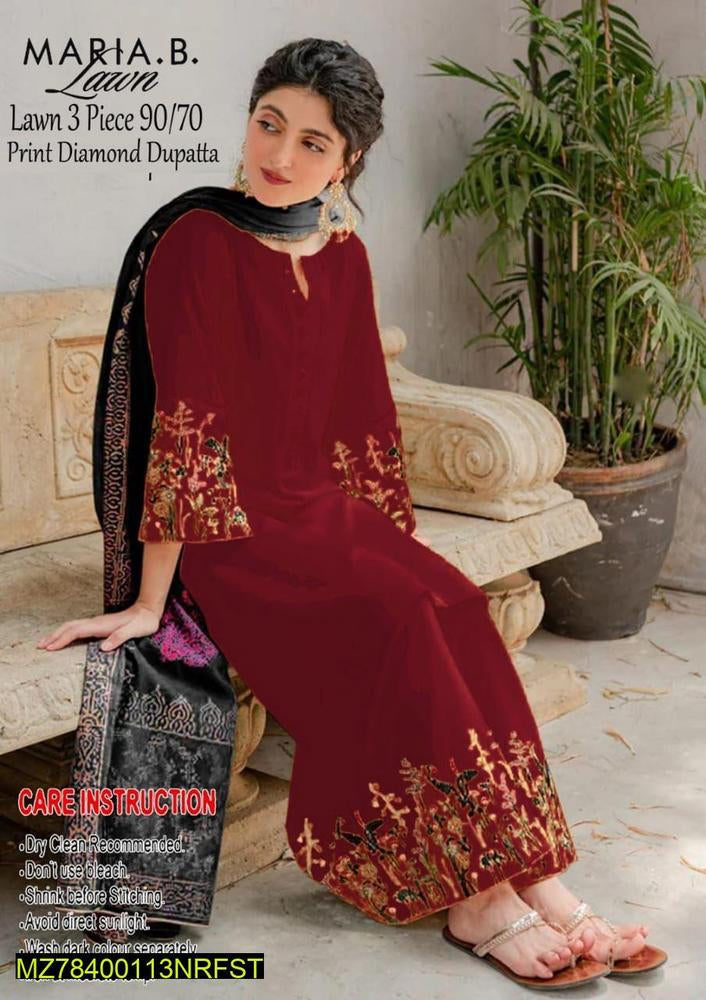 3 Pcs Women's Unstitched Lawn Embroidered Suit